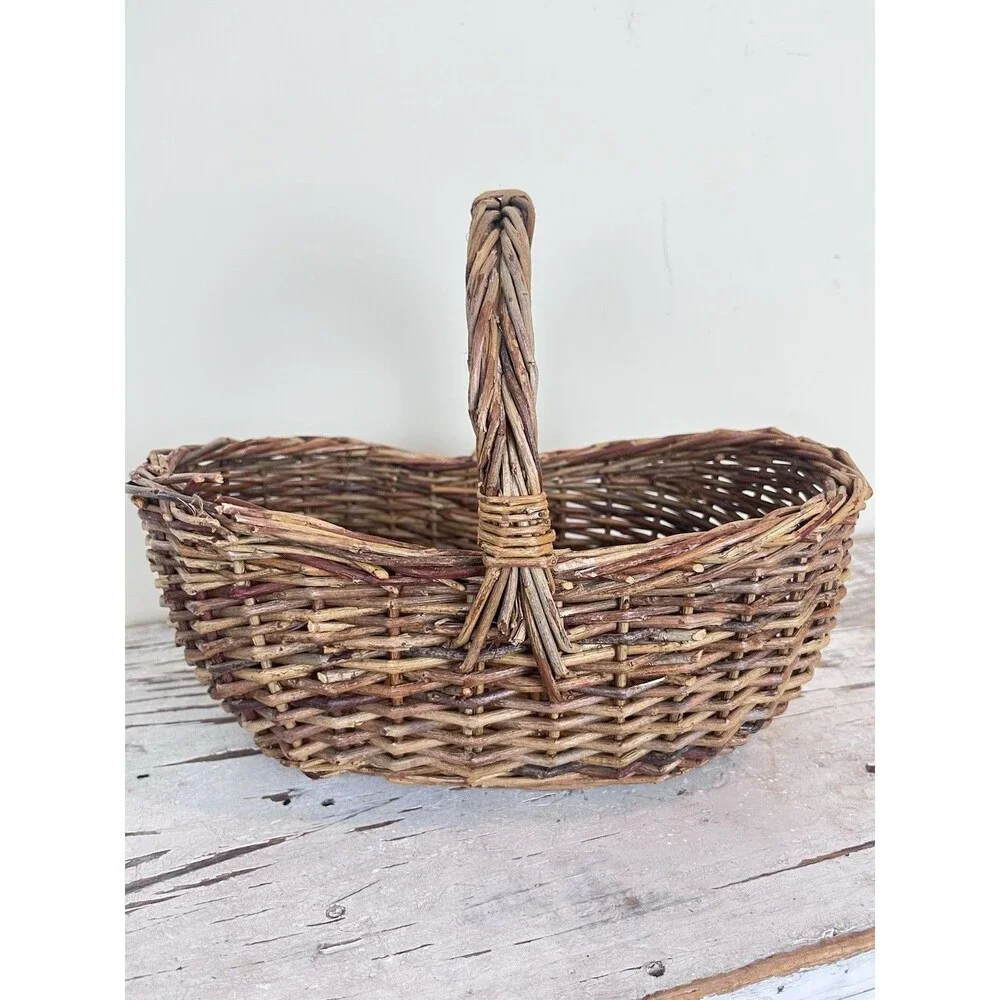 Vintage Small French Woven Wicker Egg Gathering Basket 11” Cottage Primitive
